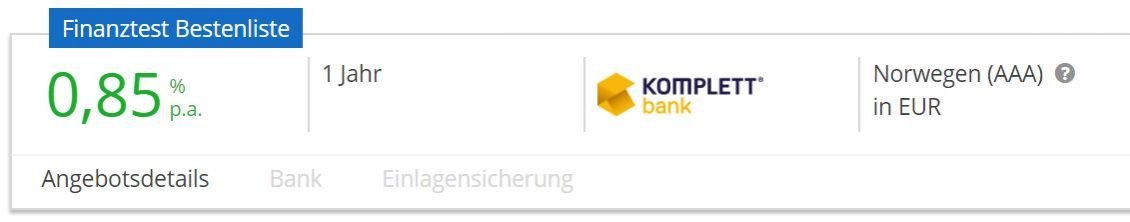 1-jähriges Festgeld der Komplett Bank aus Norwegen.